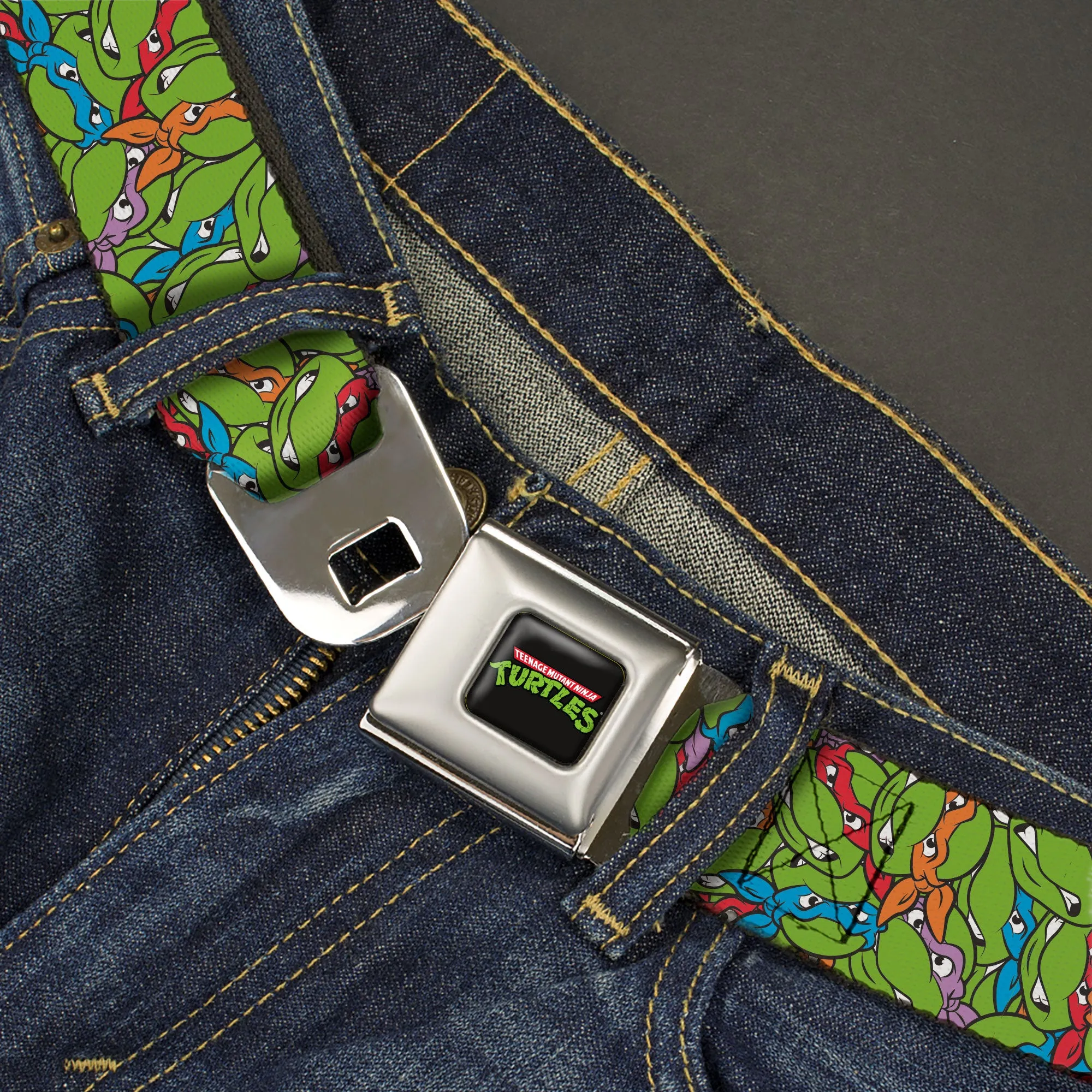 Classic TEENAGE MUTANT NINJA TURTLES Logo Seatbelt Belt - Teenage Mutant Ninja Turtles Faces Stacked Green/Multi Color Webbing