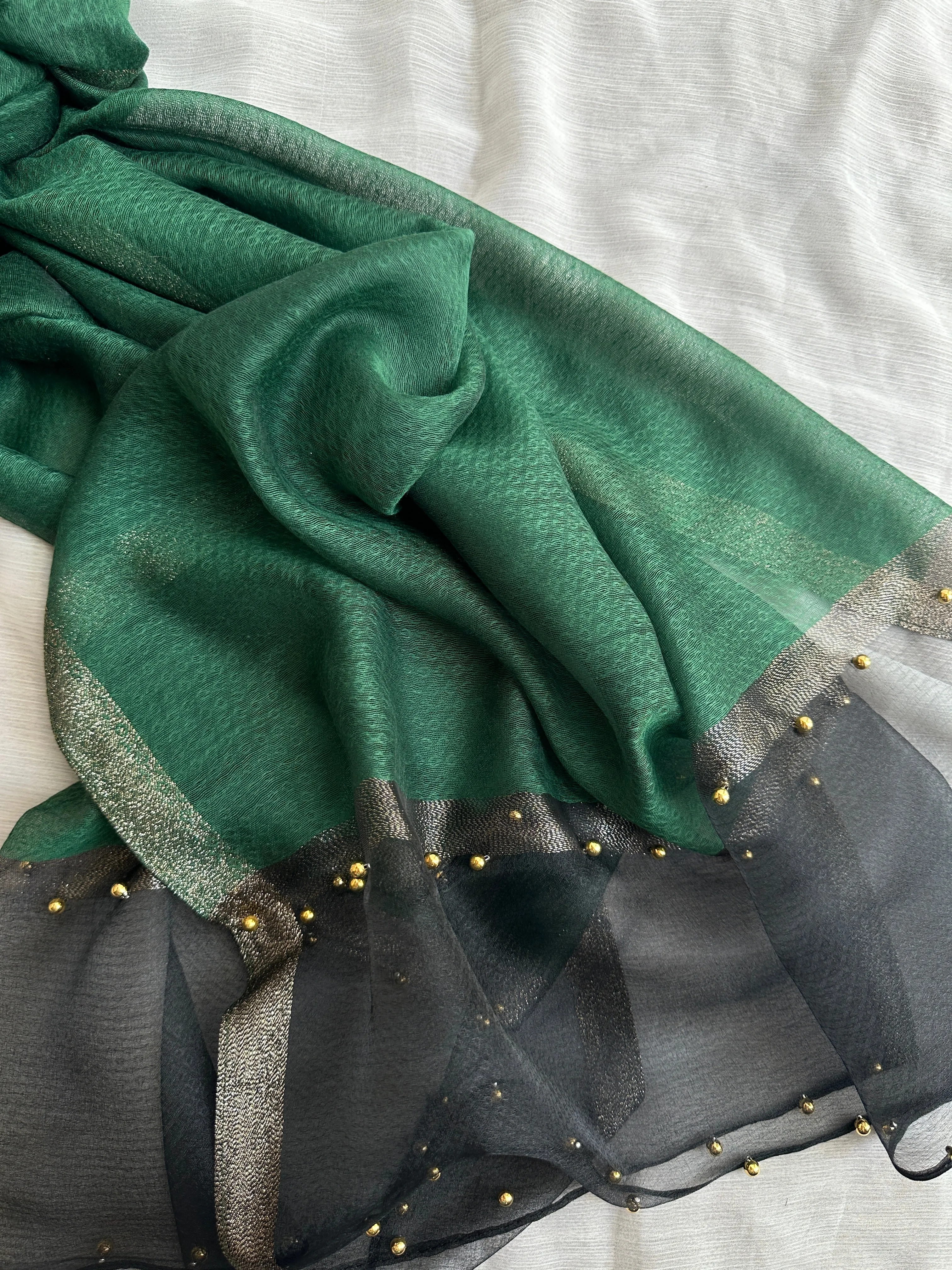 Golden Beaded Organza- Green- Luxury Hijabs