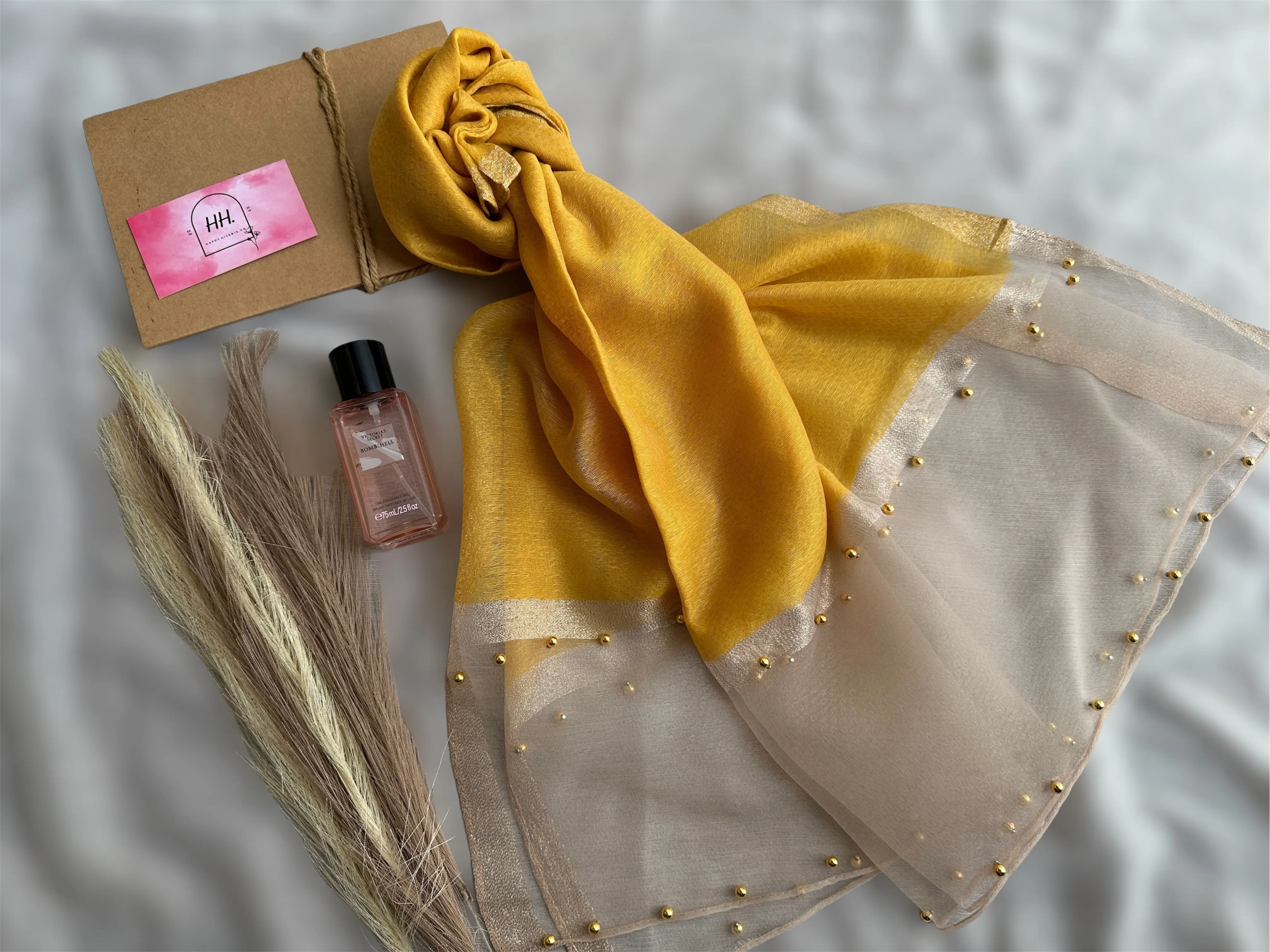 Golden Beaded Organza- Mustard Yellow- Luxury Hijabs