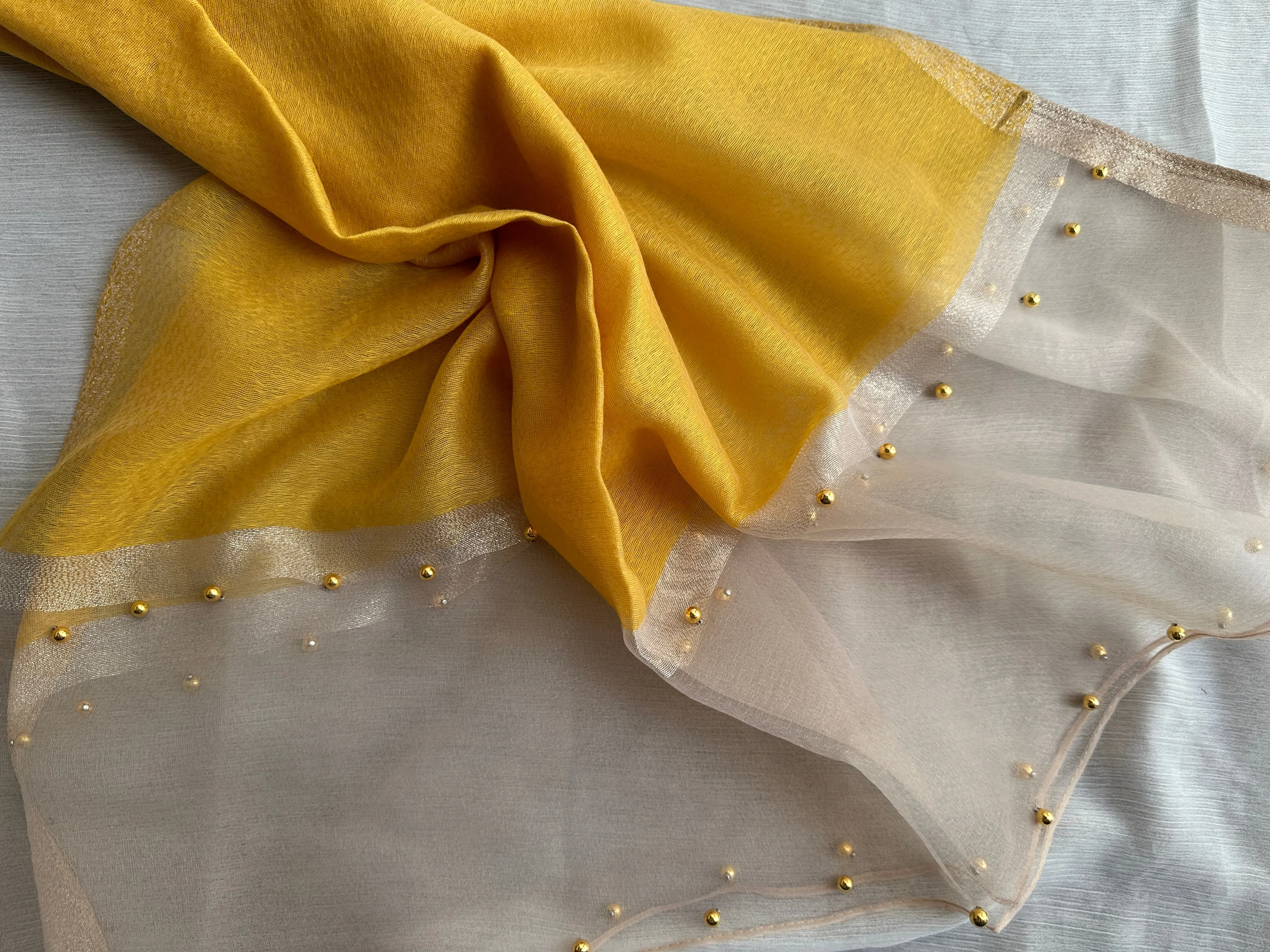 Golden Beaded Organza- Mustard Yellow- Luxury Hijabs