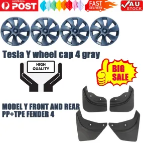 Matte Gray 19" Tesla Y Wheel Caps & Mud Flaps - 8 Pc Set