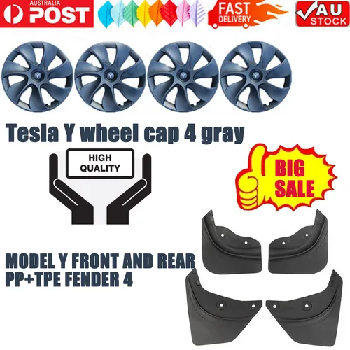 Matte Gray 19" Tesla Y Wheel Caps & Mud Flaps - 8 Pc Set