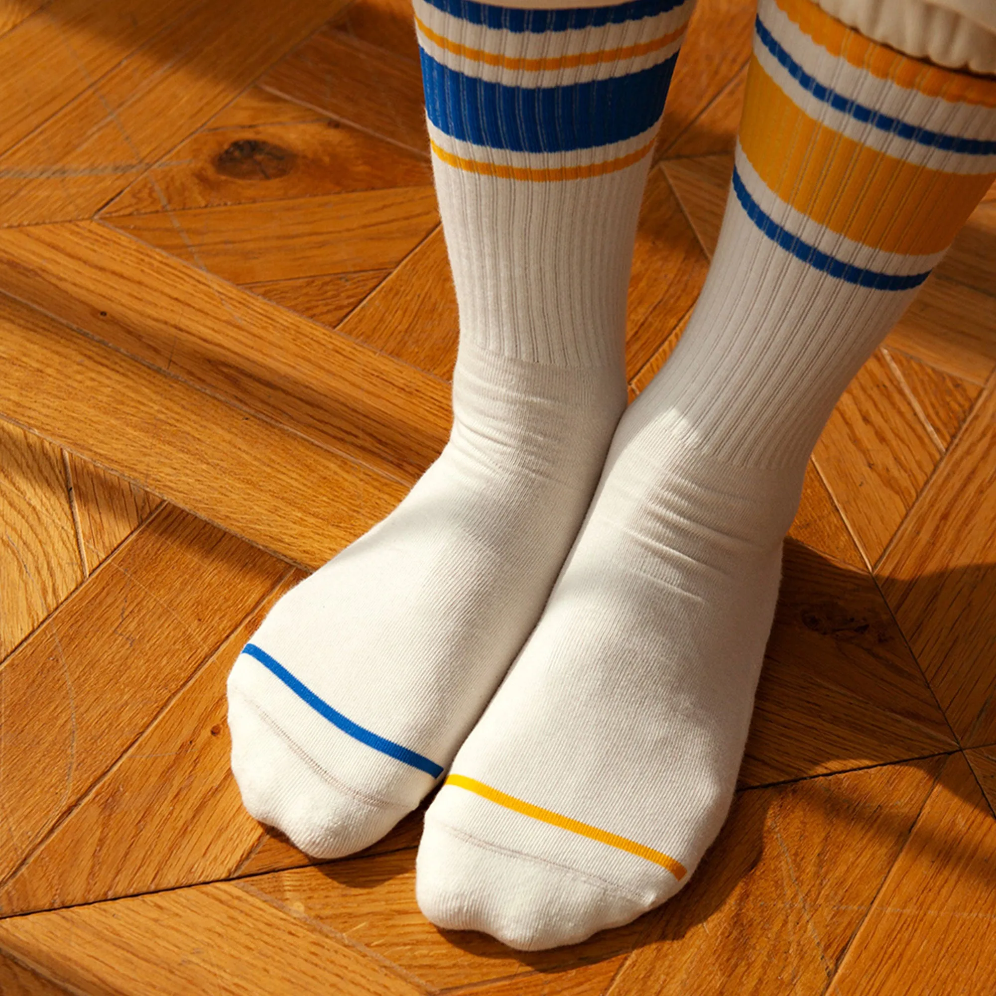 Men's Mismatched Vintage Stripe Socks - Blue, Yellow, & White