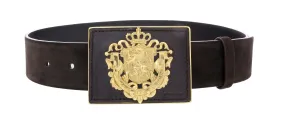 Miu Miu Brown Gold Crest Flip Closure Buckle Suede Belt-