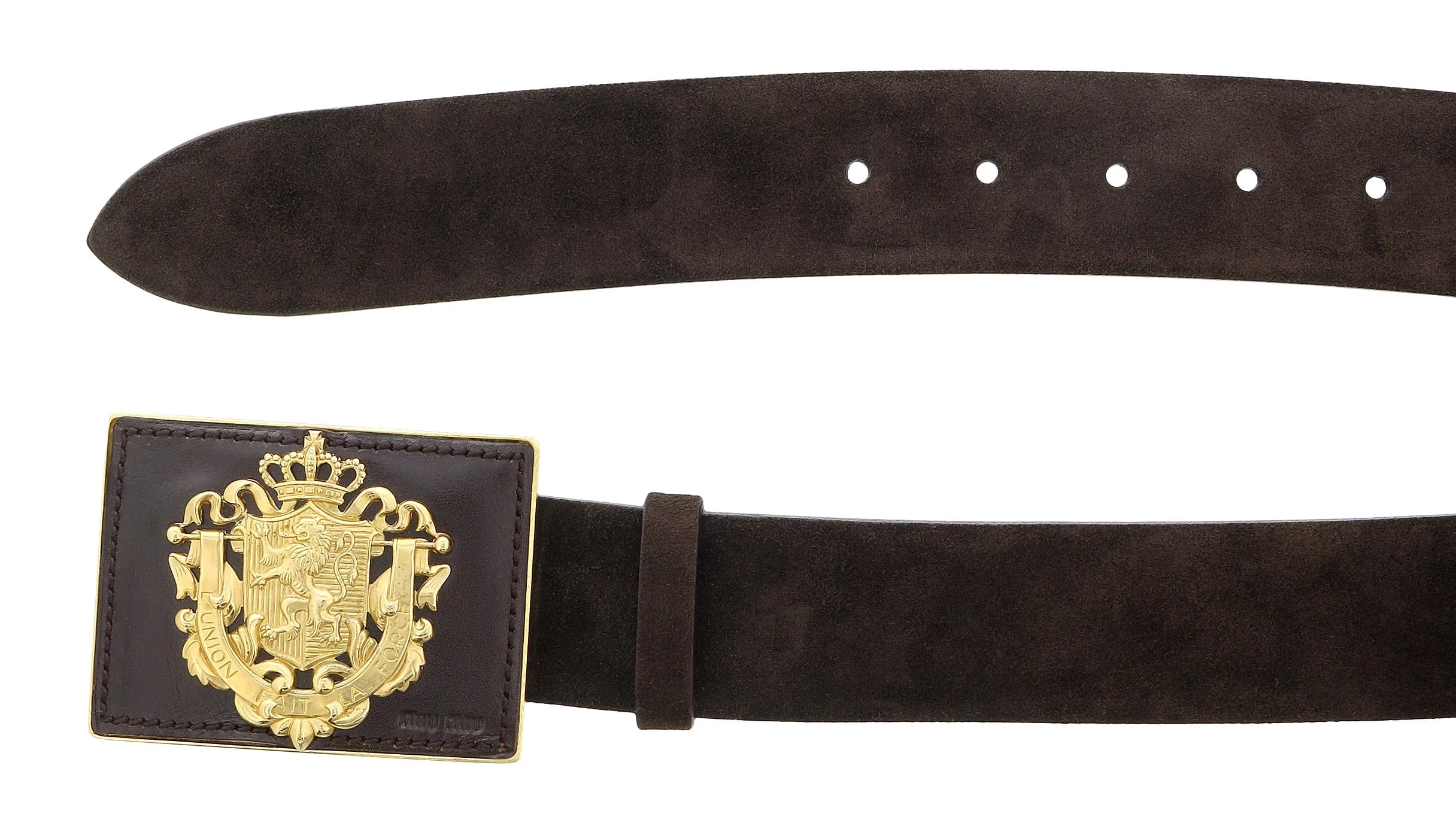 Miu Miu Brown Gold Crest Flip Closure Buckle Suede Belt-