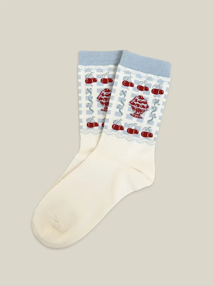 Red / White / Blue Cherry Pattern Cotton Socks