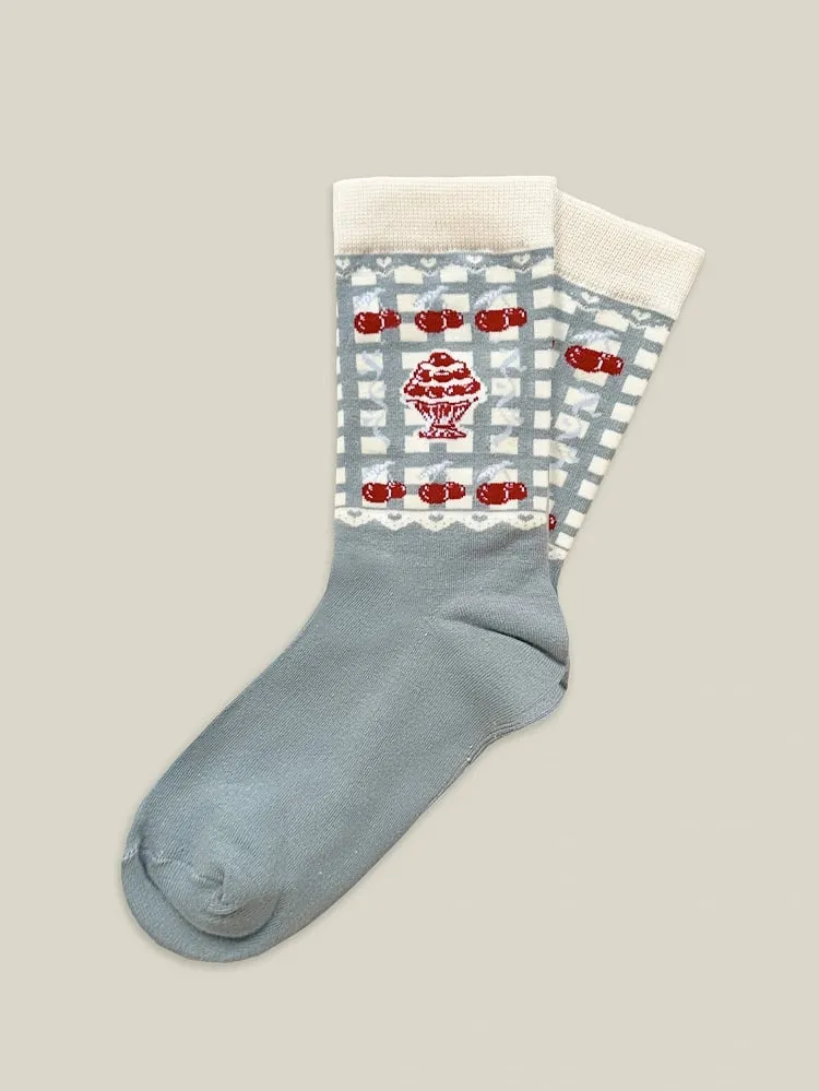 Red / White / Blue Cherry Pattern Cotton Socks