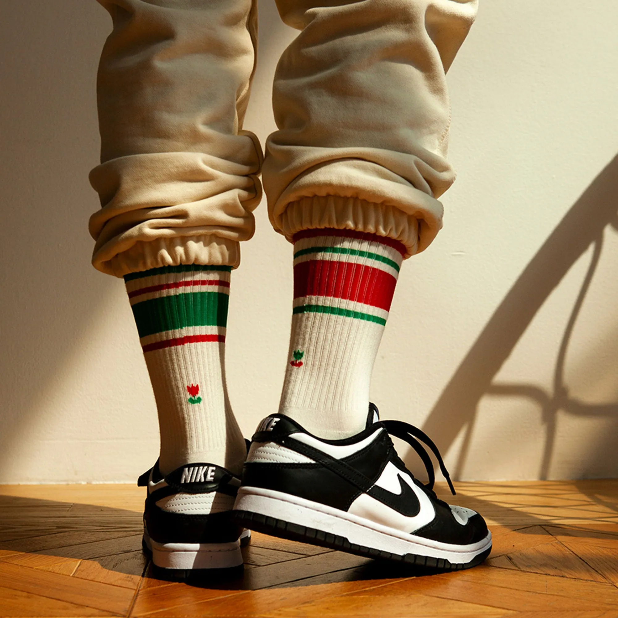 Women's Mismatched Vintage Stripe Socks - Red, Green, & White