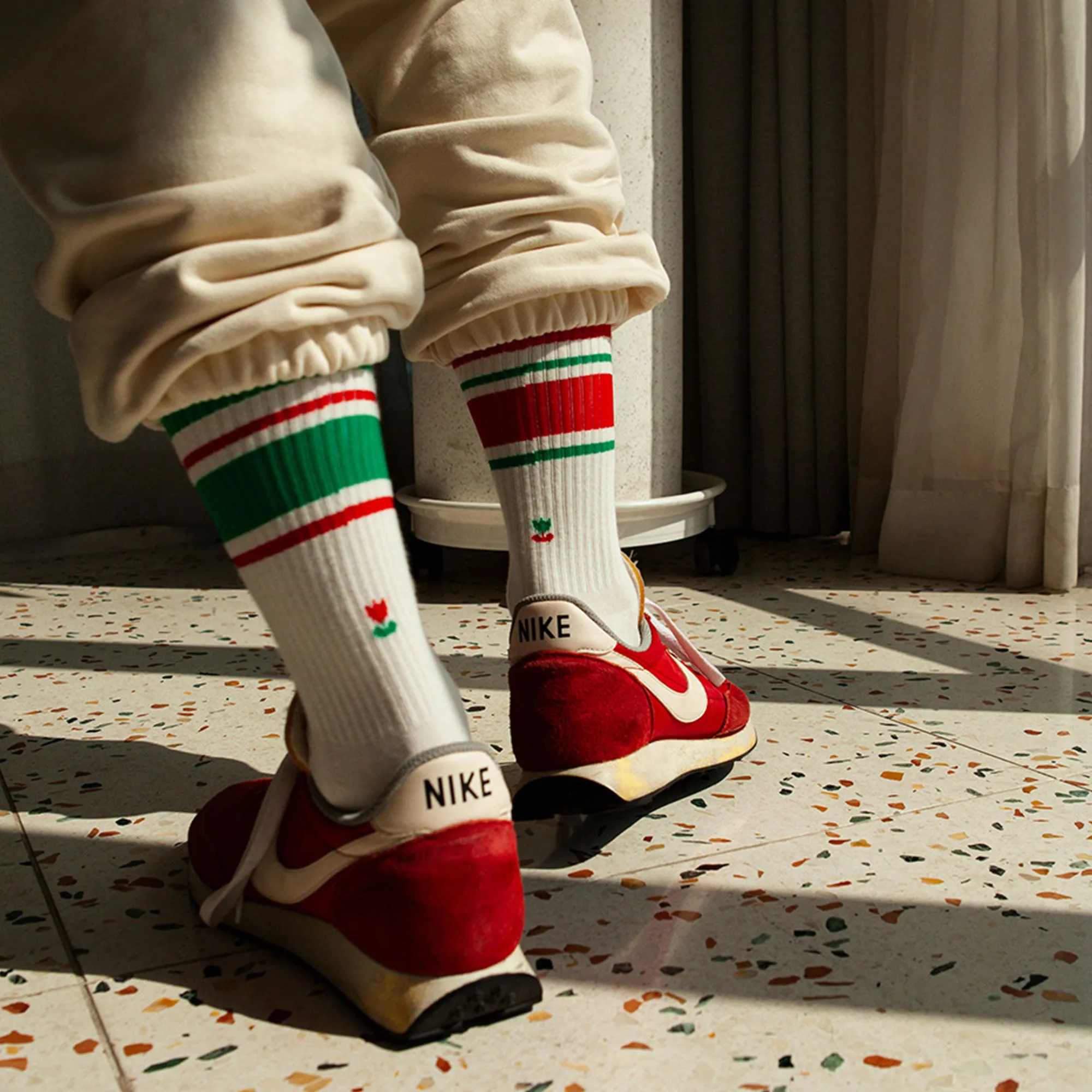 Women's Mismatched Vintage Stripe Socks - Red, Green, & White