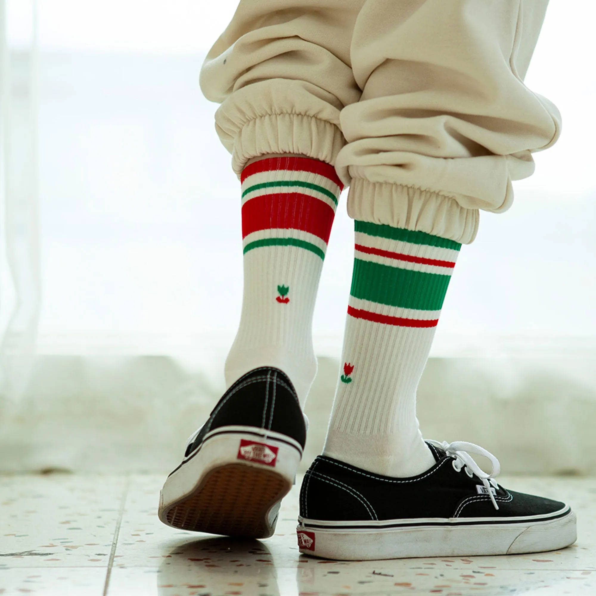 Women's Mismatched Vintage Stripe Socks - Red, Green, & White