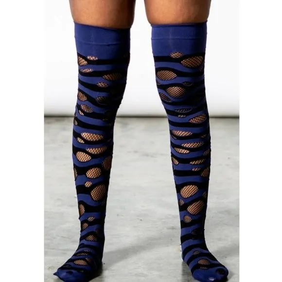 Wretched Soul Distressed Long Thigh High Socks | Black & Midnight