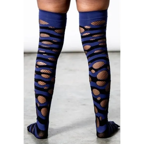 Wretched Soul Distressed Long Thigh High Socks | Black & Midnight