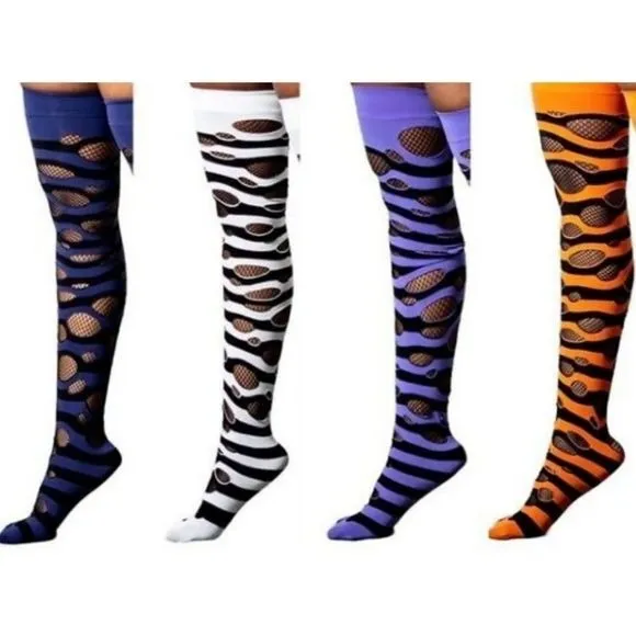 Wretched Soul Distressed Long Thigh High Socks | Black & Midnight